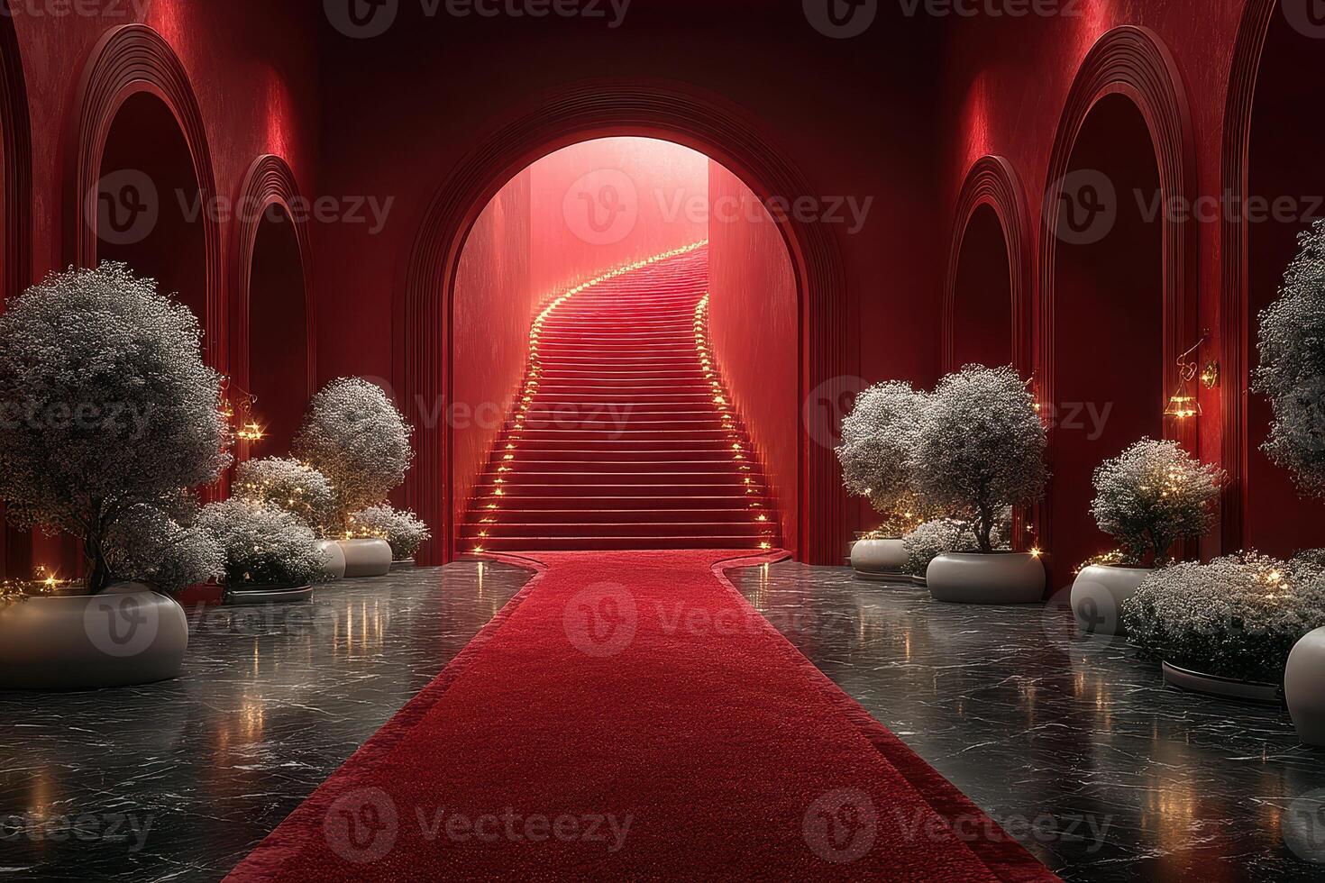 Elegant staircase in a lavish red-toned hallway with decorative plants and soft lighting photo