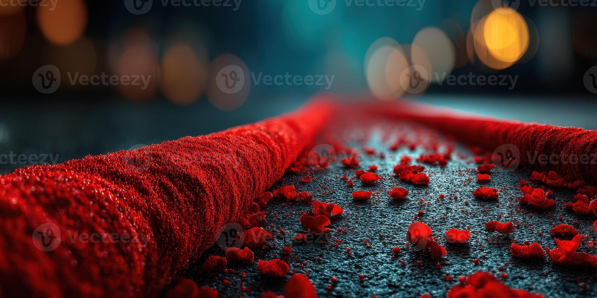 Red carpet laid out on a dark street with flower petals scattered around under soft lights during a nighttime event photo