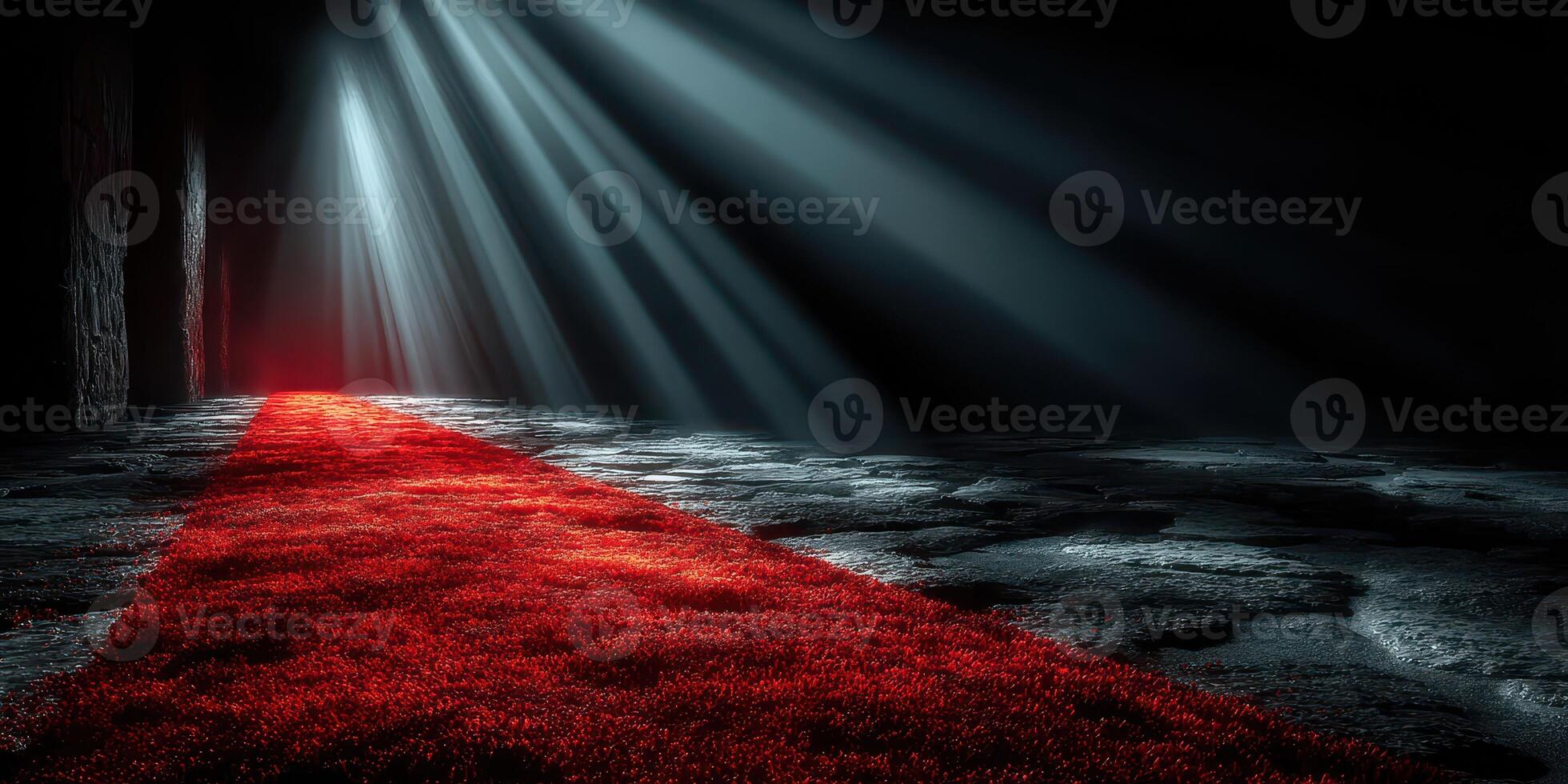 Elegant red carpet on dark stone floor illuminated by soft beams of light in an atmospheric setting photo