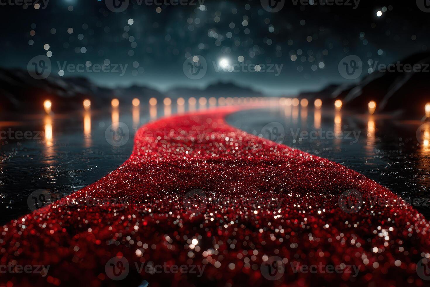 Vibrant red sparkling pathway illuminated by distant lights, leading through a dark night landscape with a starry sky photo
