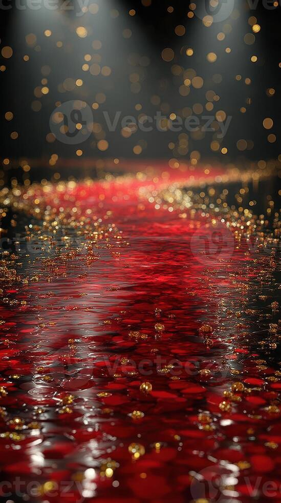 Vibrant red and gold pathway adorned with shimmering reflections in a celebratory setting during an evening event photo