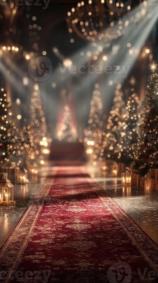 Festive celebration featuring a beautifully decorated hall with Christmas trees and glowing lights during a winter evening event photo