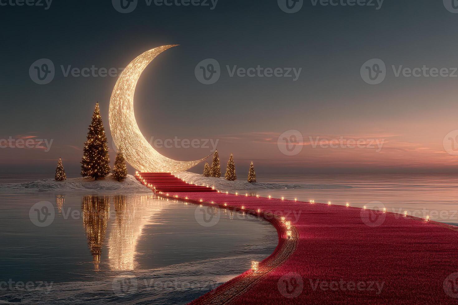 Beautiful crescent moon pathway illuminated by lights next to a calm lake during sunset photo