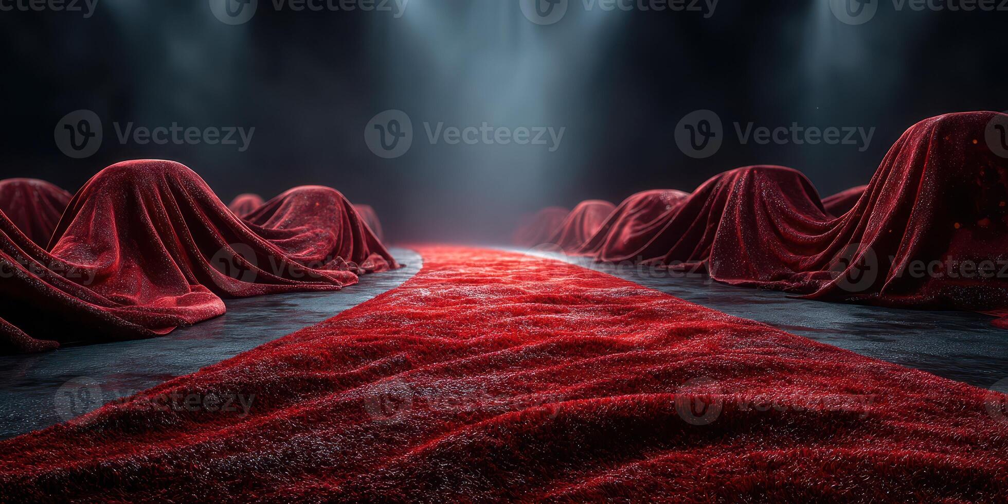 Mysterious red carpet leads to covered objects in dimly lit venue, hinting at a grand reveal photo