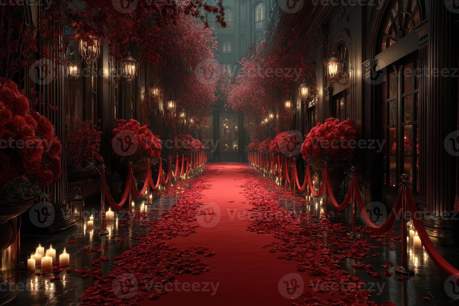 Elegant red rose pathway with candles in lavish venue during evening event photo