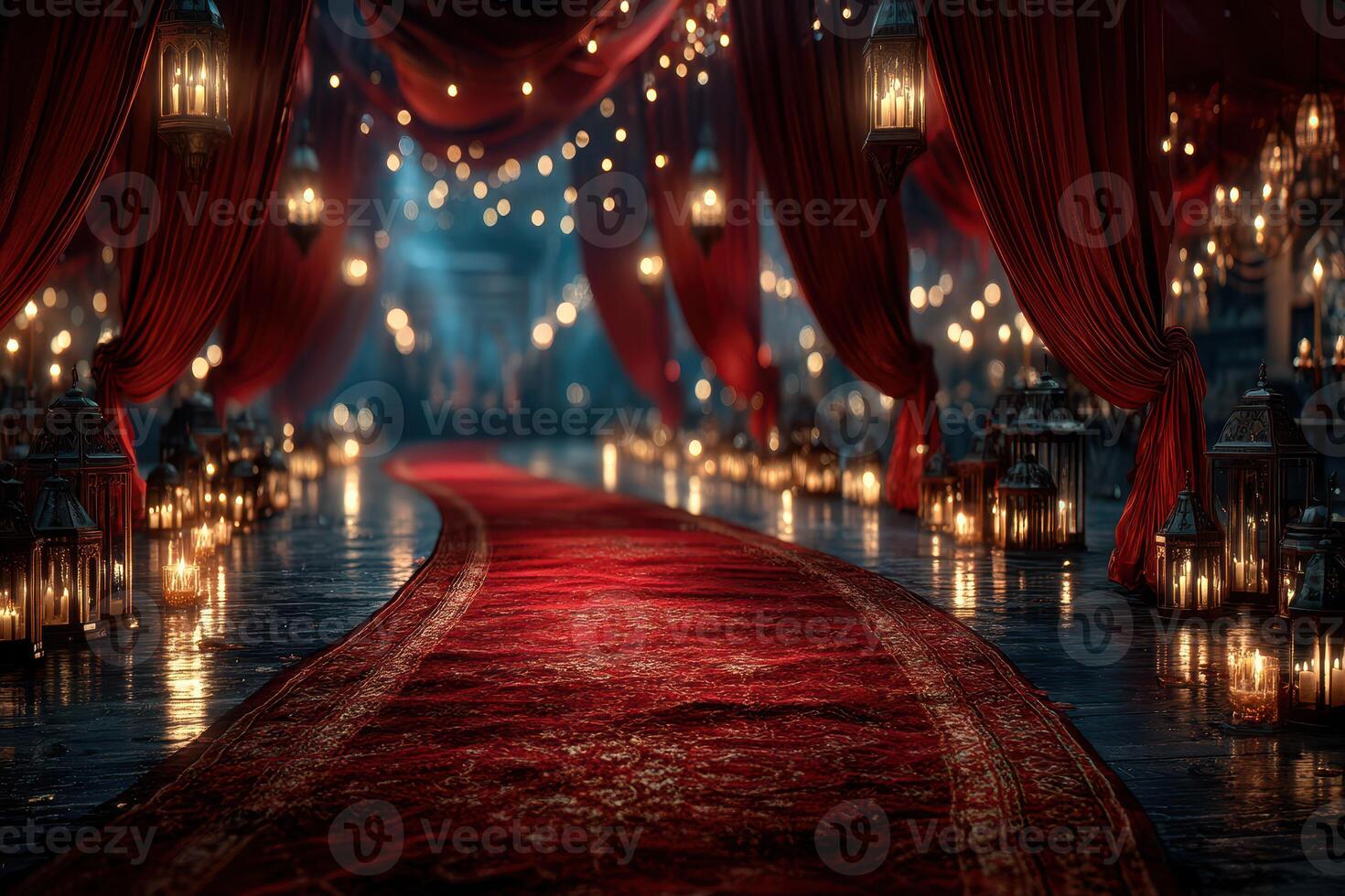 Elegant pathway illuminated by lanterns and draped fabric in an enchanting setting photo
