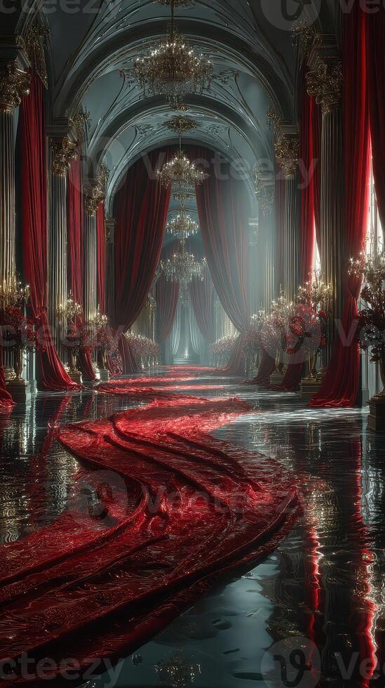 Opulent hallway illuminated by chandeliers and draped in deep red fabric, creating a surreal ambiance in a grand estate photo