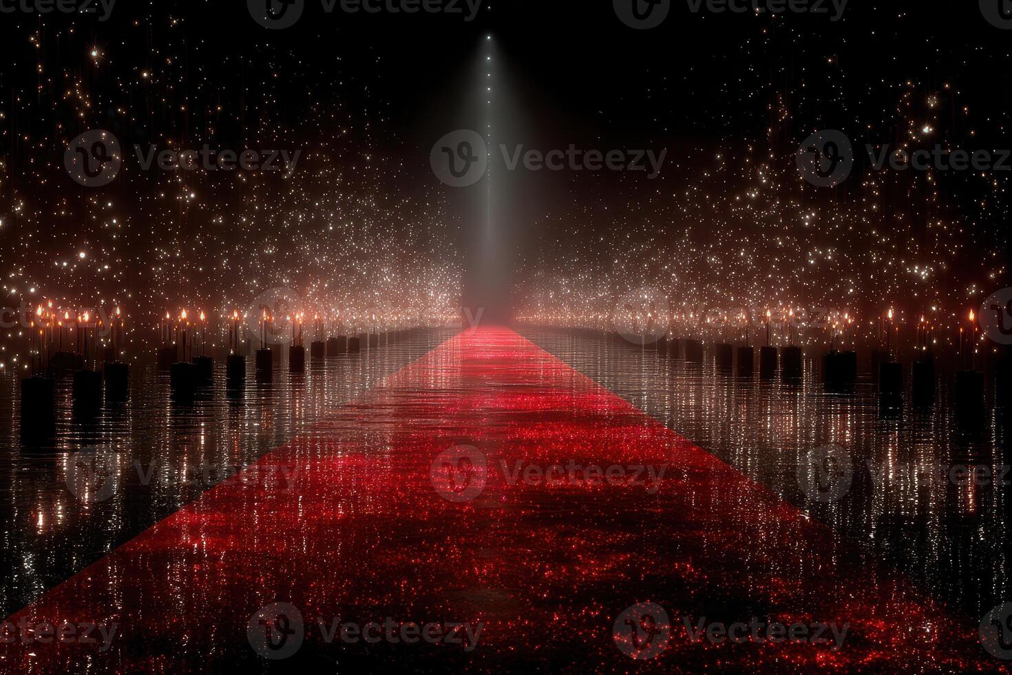 Elegant runway surrounded by glowing lights and a shimmering red carpet at an extravagant night event photo