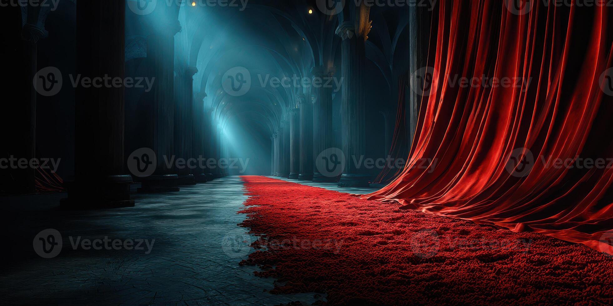 Mysterious corridor illuminated by soft light with a vibrant red carpet and flowing drapes at twilight photo