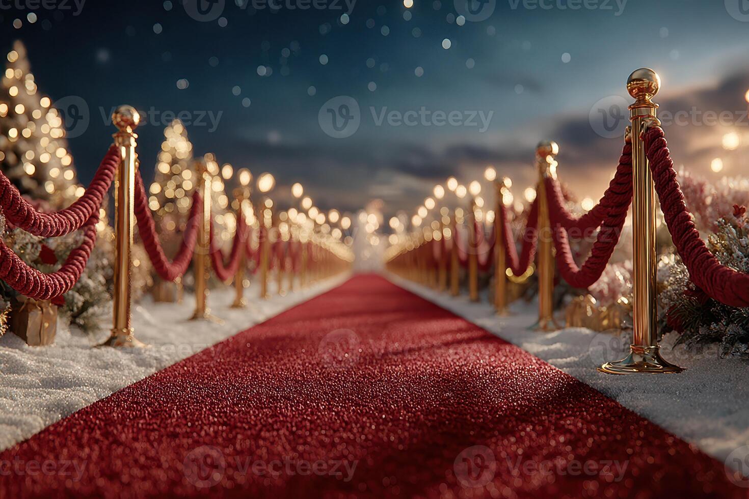 Luxurious red carpet path lined with golden ropes and festive trees at twilight photo