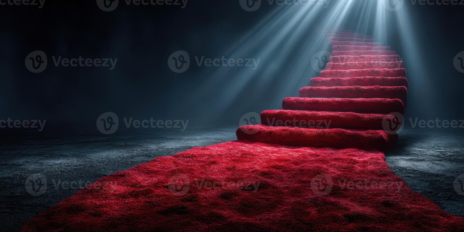 Staircase with red carpet illuminated by soft light in a dark, moody environment during evening hours photo