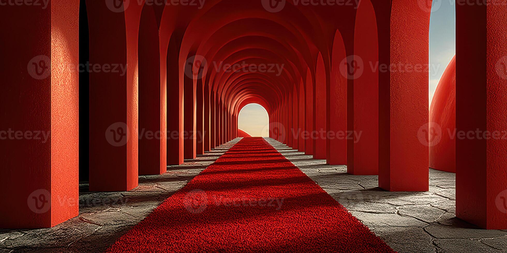 Vibrant red archway leading to bright light in a modern architectural hall at sunrise photo