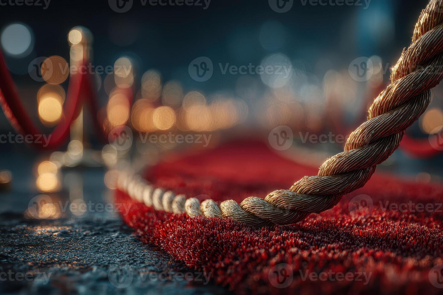 Red carpet event with rope stanchions and glowing bokeh lights in the background during evening festivities photo