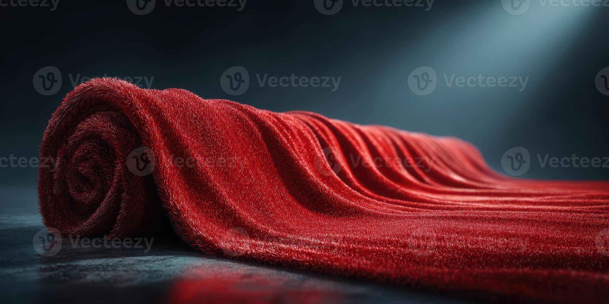 Red fabric rolled out on a dark surface reveals rich texture and depth in atmospheric lighting photo
