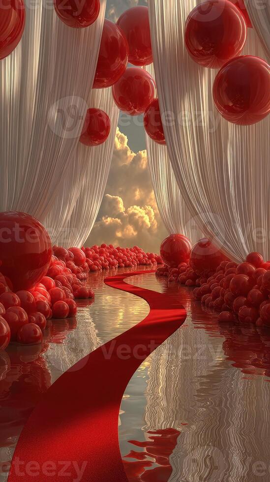 Elegant red and white walkway with balloons and fabric curtains under a picturesque sky during sunset photo