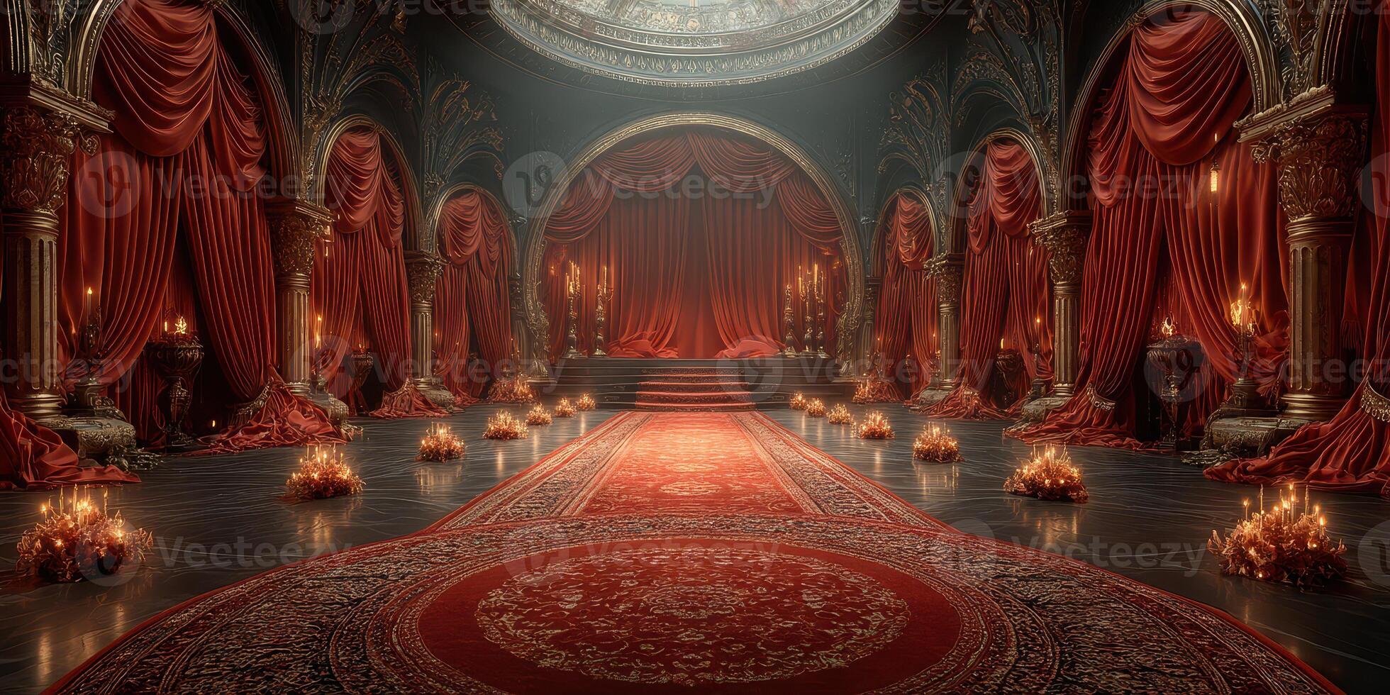 Elegant hall adorned with rich red drapes, flickering candles, and candles illuminating an ornate stage setting photo