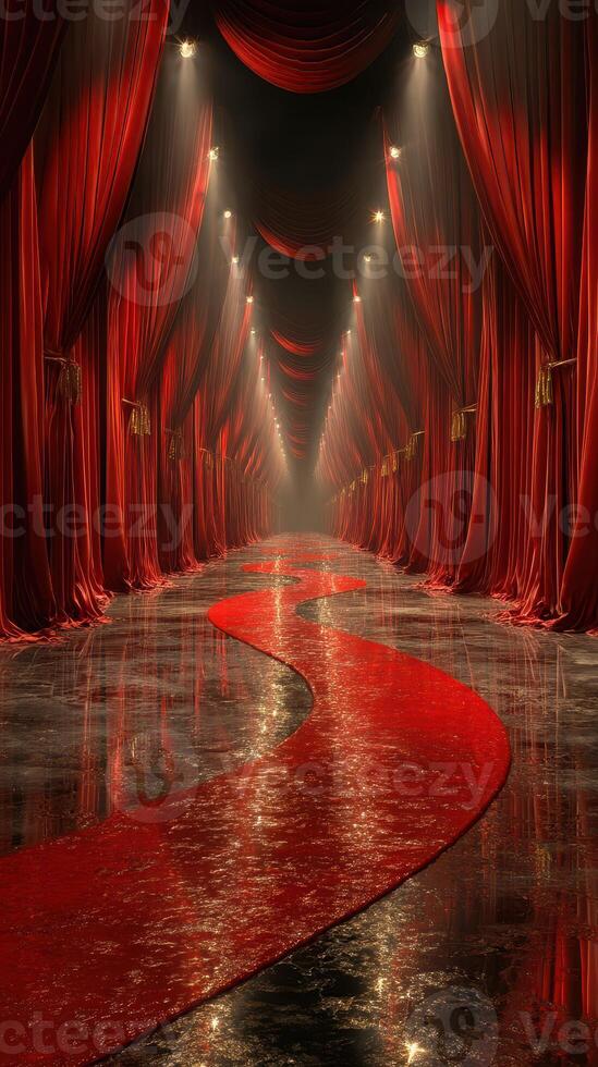 Elegant corridor lined with red drapery and a shimmering red carpet in a dimly lit setting photo