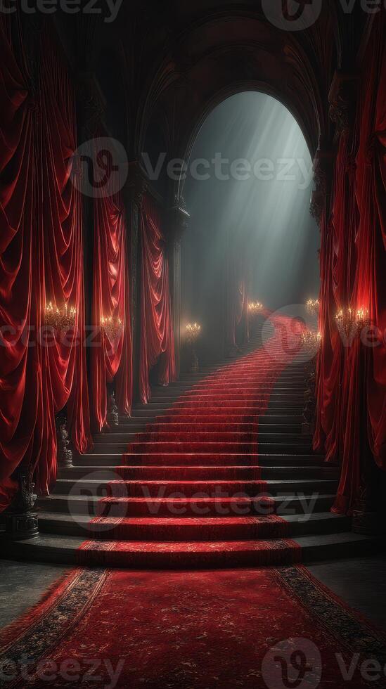 Red carpeted staircase leads to a grand archway illuminated by soft light in an elegant venue photo