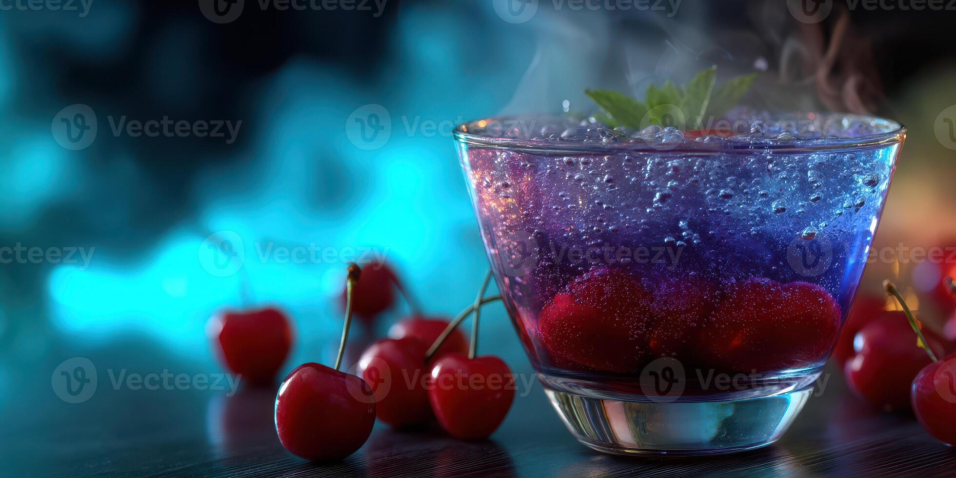Colorful drink with cherries and fog on wooden table at a dimly lit bar in the evening photo