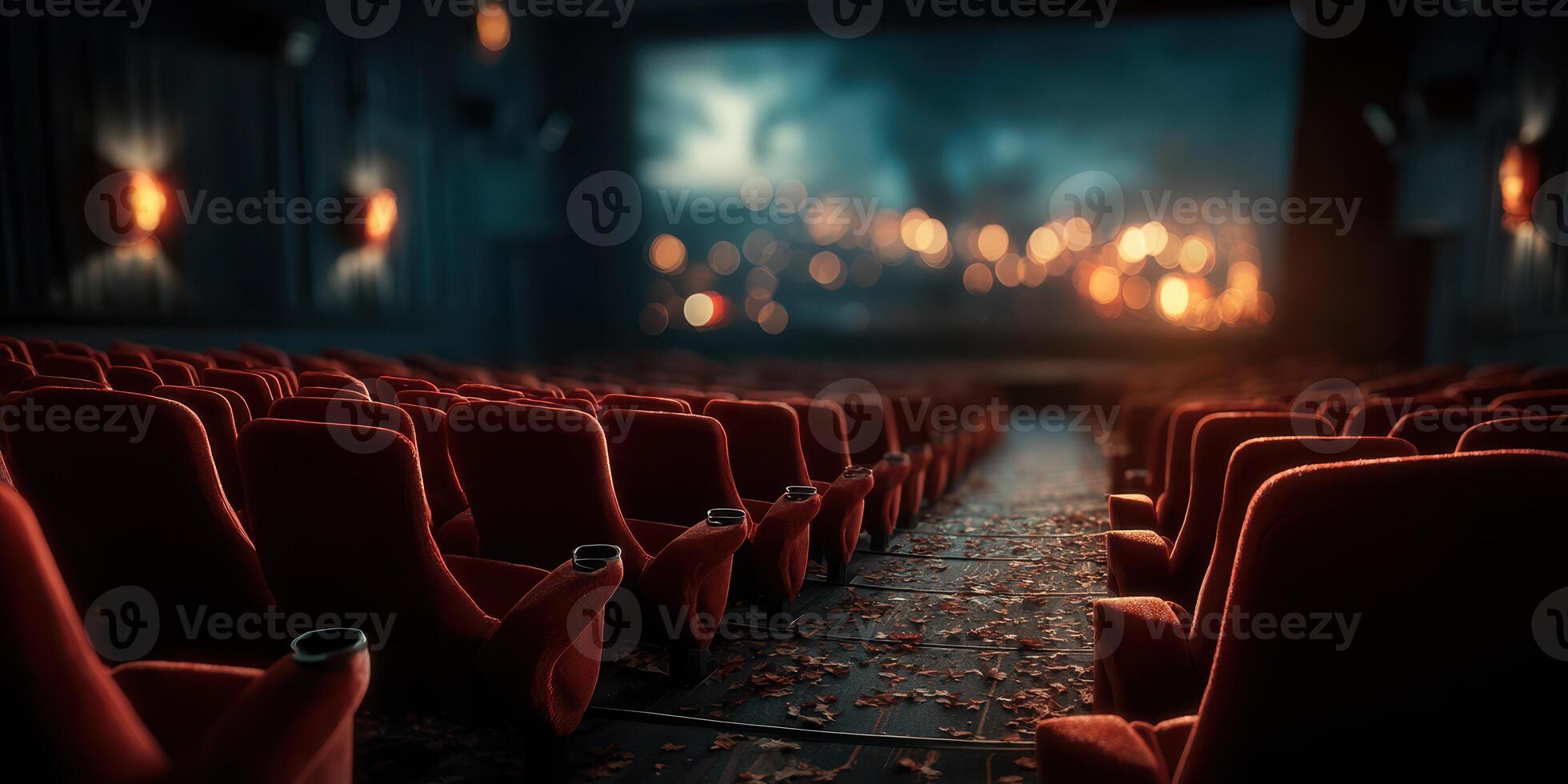 Empty cinema interior with red seats and a large screen displaying an illuminated skyline at dusk photo