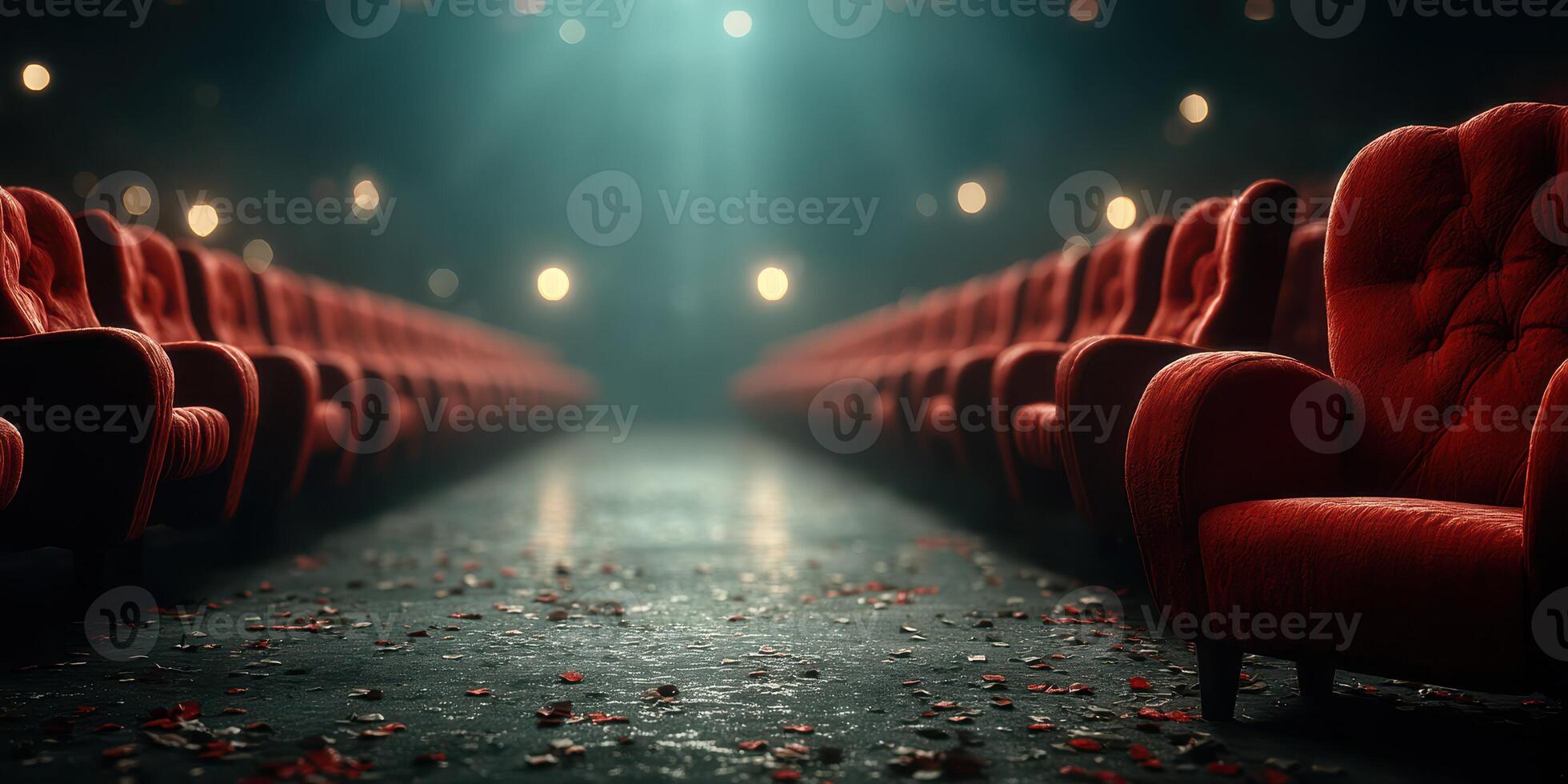 Rows of empty red chairs in a dimly lit theater with scattered leaves on the ground and soft lighting filtering through the air photo