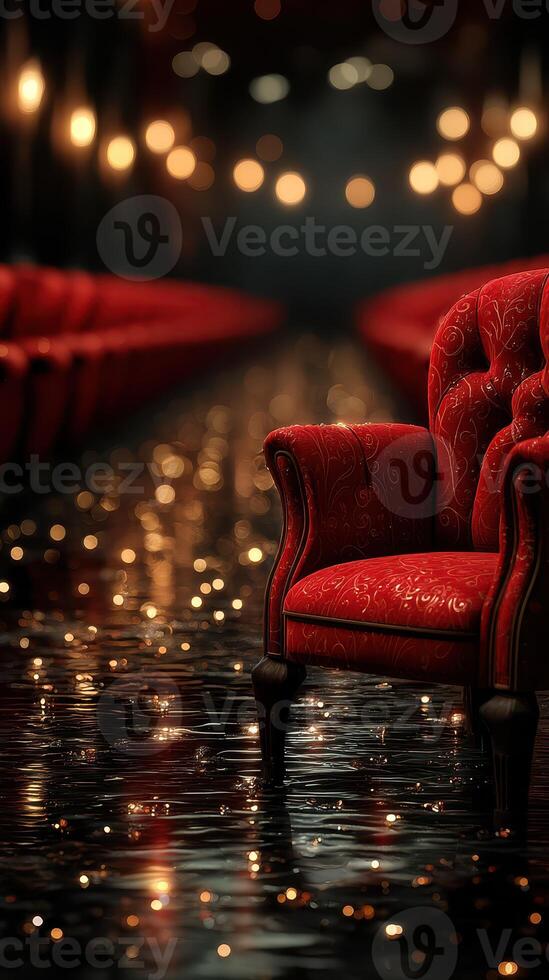 Elegant red armchair in a dimly lit hallway with sparkling reflections and soft lights enhancing the atmosphere photo