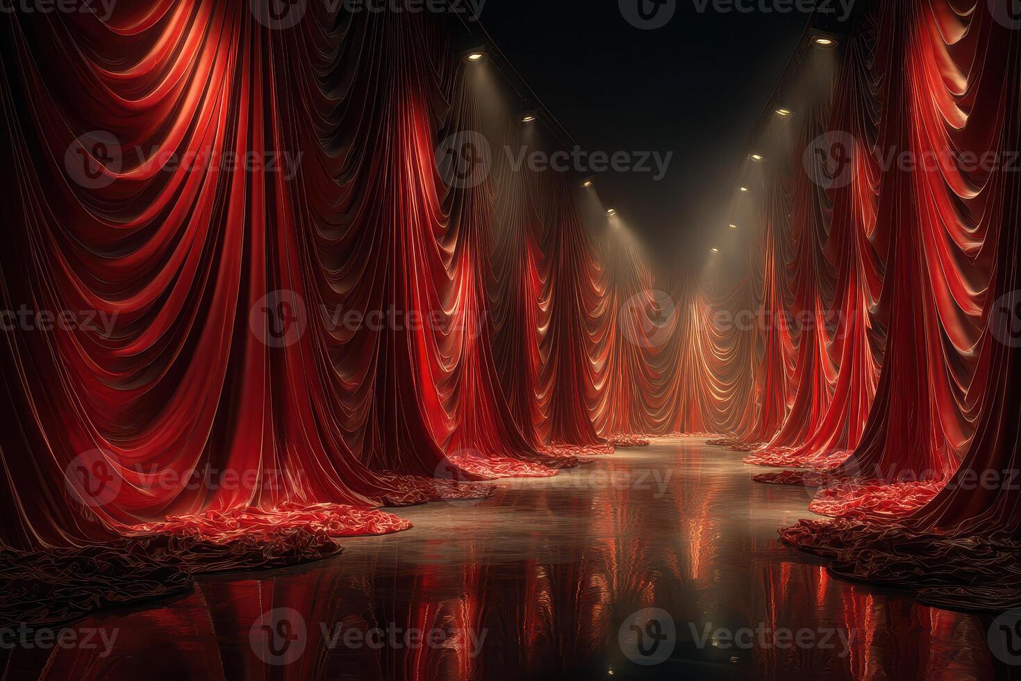 Dramatic red curtains create an enchanting atmosphere in a dimly lit corridor photo