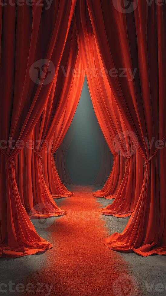 Red curtains frame a dramatic pathway leading into an illuminated space at a theater or performance venue during evening hours photo