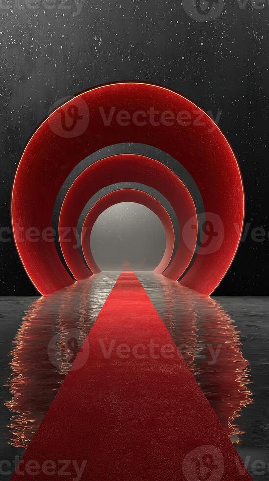 Vibrant red arches create a captivating pathway leading to a mysterious glowing horizon at night photo