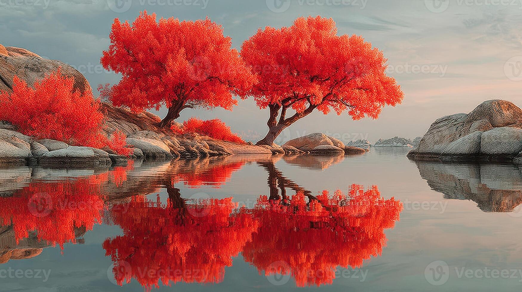 Vibrant red trees reflecting in calm water under a serene sky during autumn at a tranquil lakeside location photo