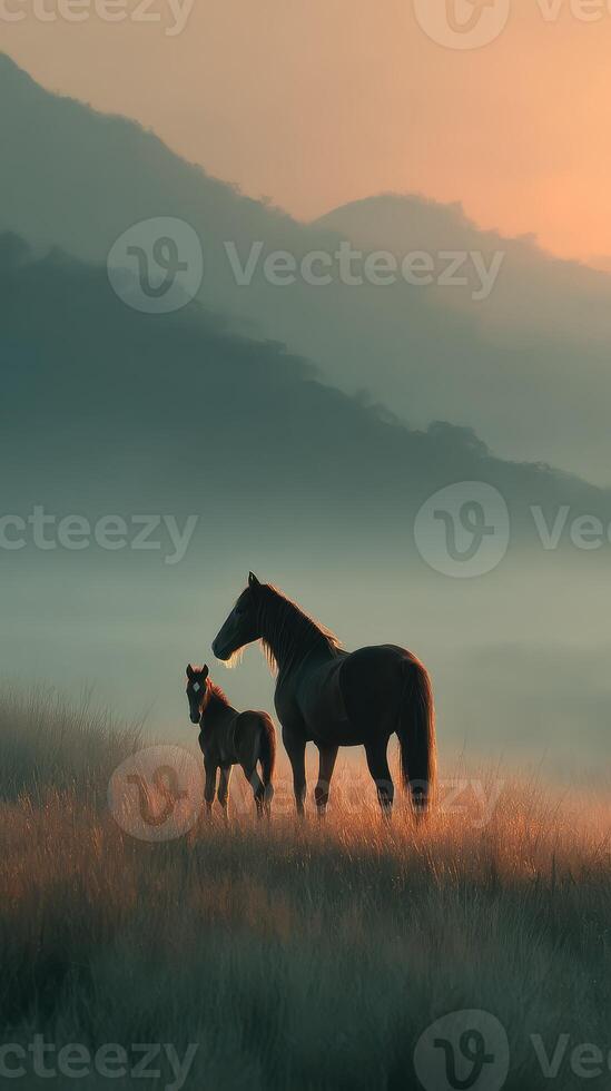 Horses standing in a misty field at sunrise with mountains in the background photo