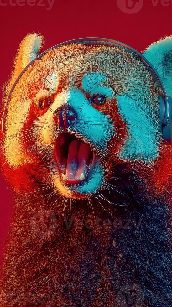 Red panda wearing headphones enjoying music against a vibrant background photo