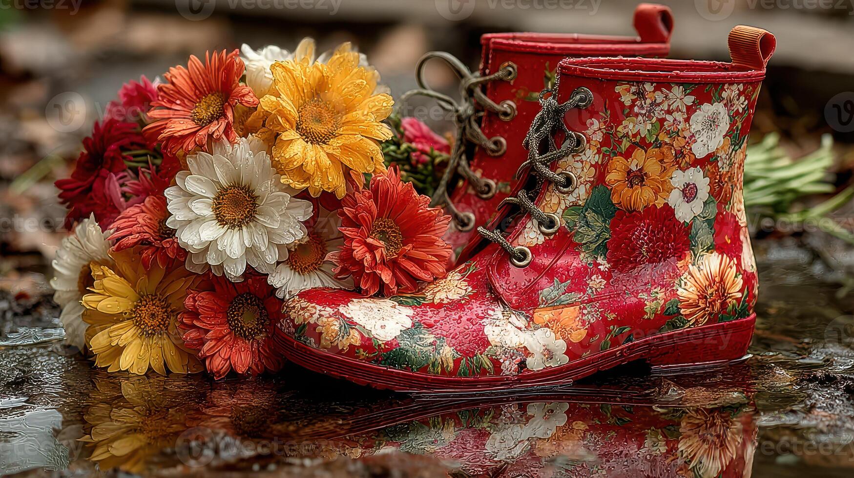 Colorful floral rain boots beside a vibrant flower bouquet in a puddle during a damp afternoon photo