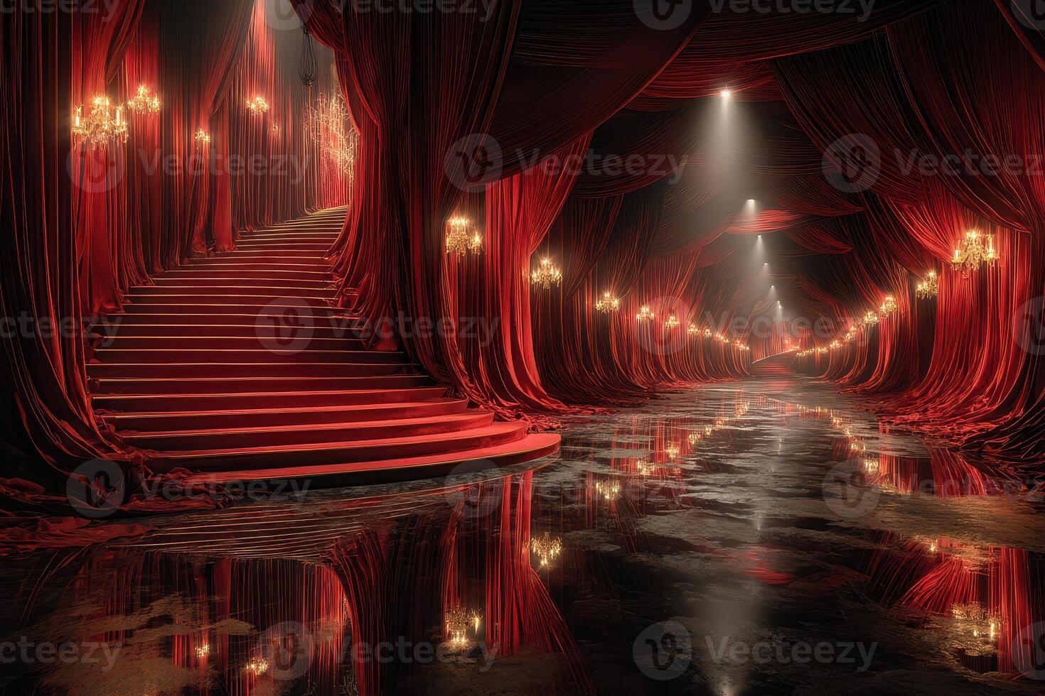Luxurious red drapery and chandeliers create an enchanting atmosphere in a grand theater setting with elegant stairs photo