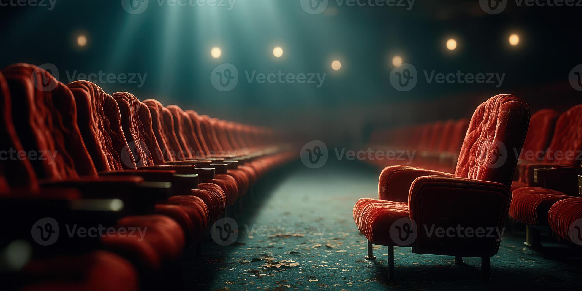 Empty red chairs await in a dimly lit theater at evening, creating an atmosphere of nostalgia and anticipation photo