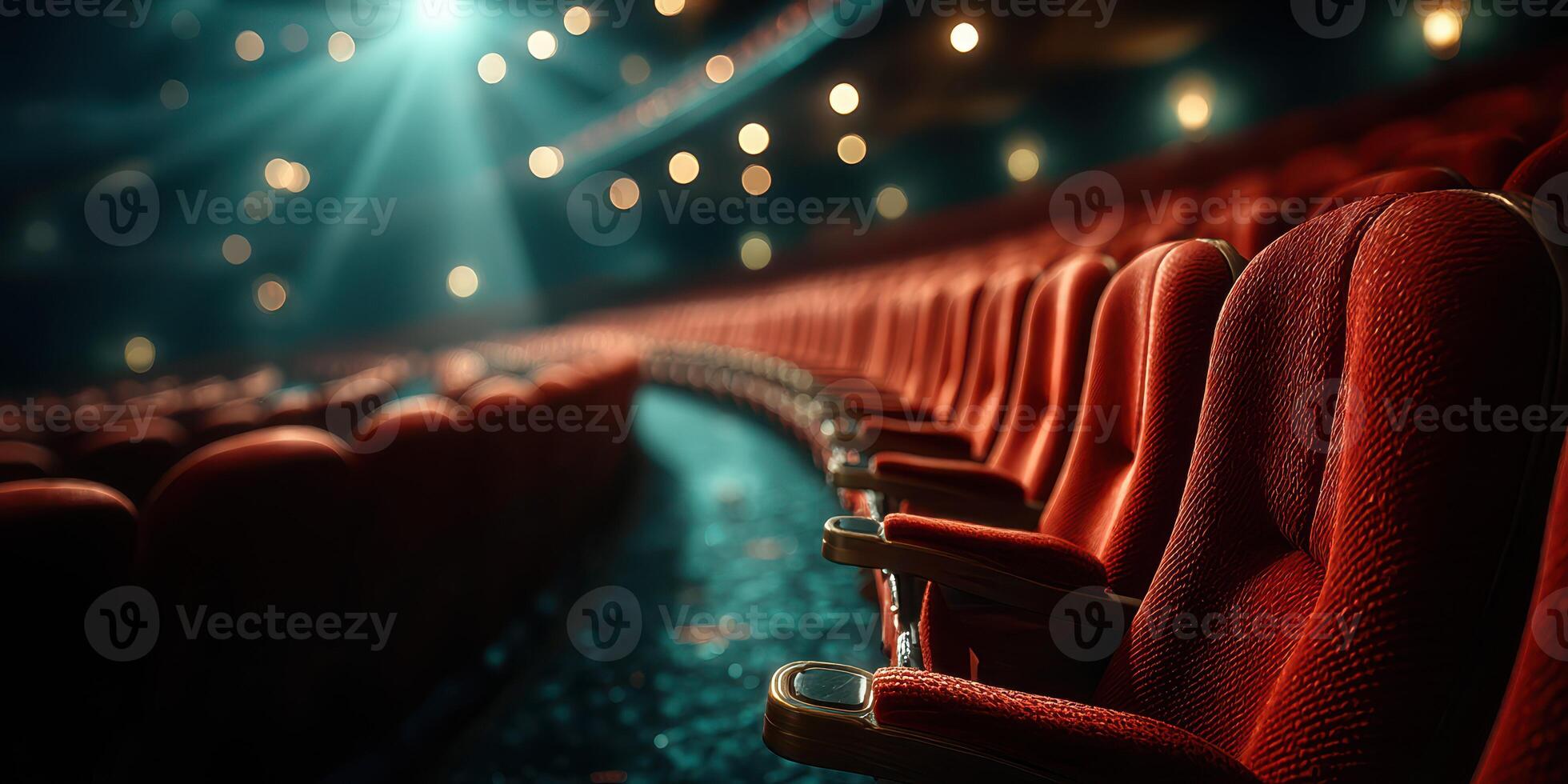 Empty theater with red seats illuminated by soft stage lights before performance begins in the evening photo
