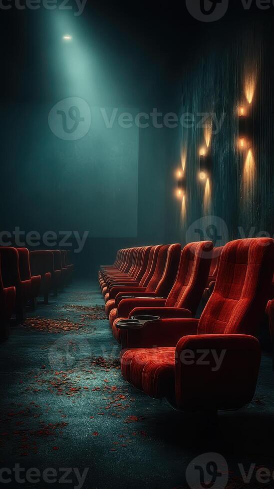 Empty red theater seats illuminated by dim light in a quiet cinema setting during evening hours photo