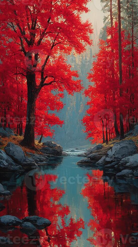 Vibrant red foliage reflects on a tranquil river surrounded by trees in a serene forest landscape photo