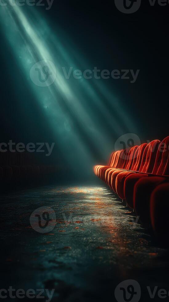 Soft rays of light illuminate empty red seats in an old theater during a quiet evening performance time photo