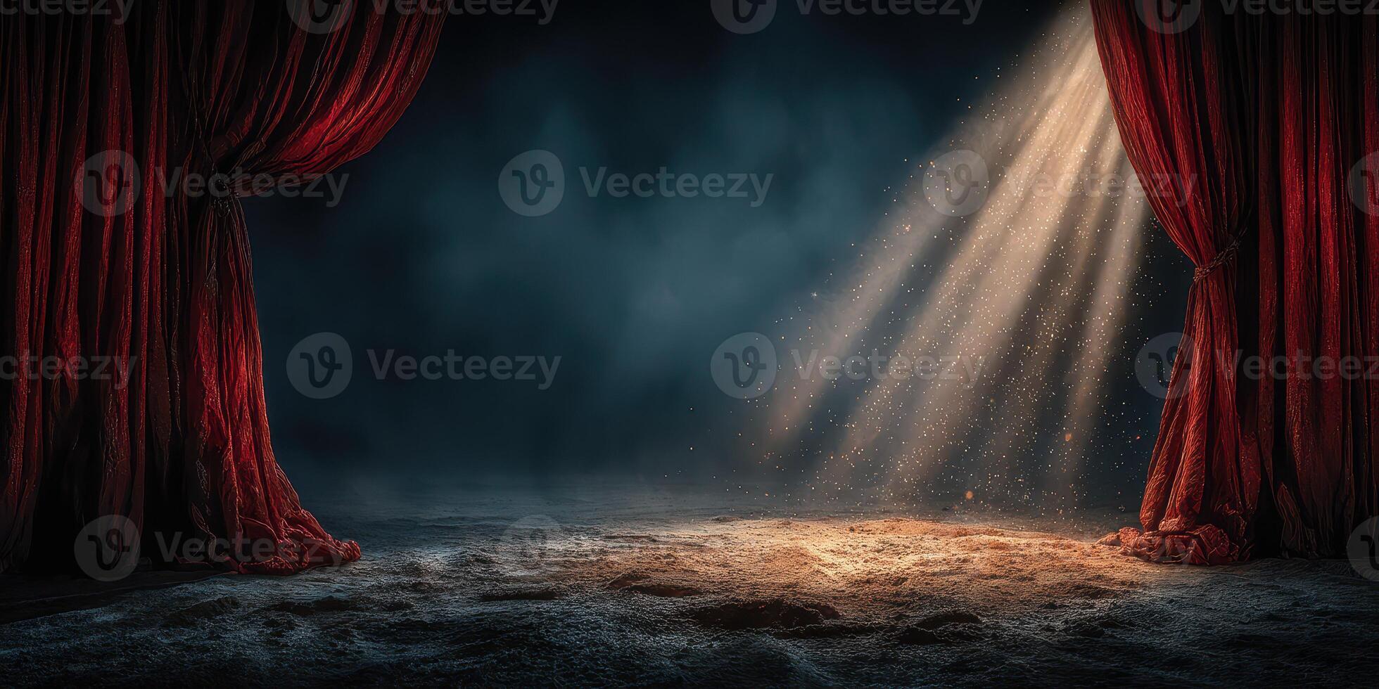 Soft glow illuminates the stage as red curtains part during an evening performance in a theater photo