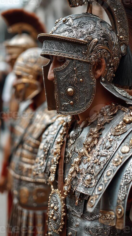 Elaborately crafted Roman soldiers in historical reenactment event captivating audience in vibrant city street setting photo