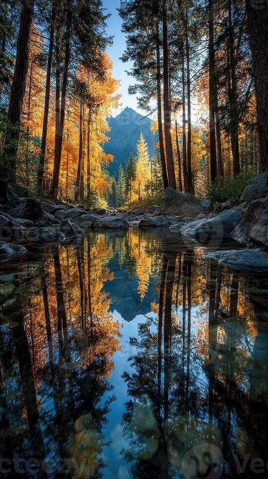 Golden autumn reflection in a serene mountain stream surrounded by tall trees photo