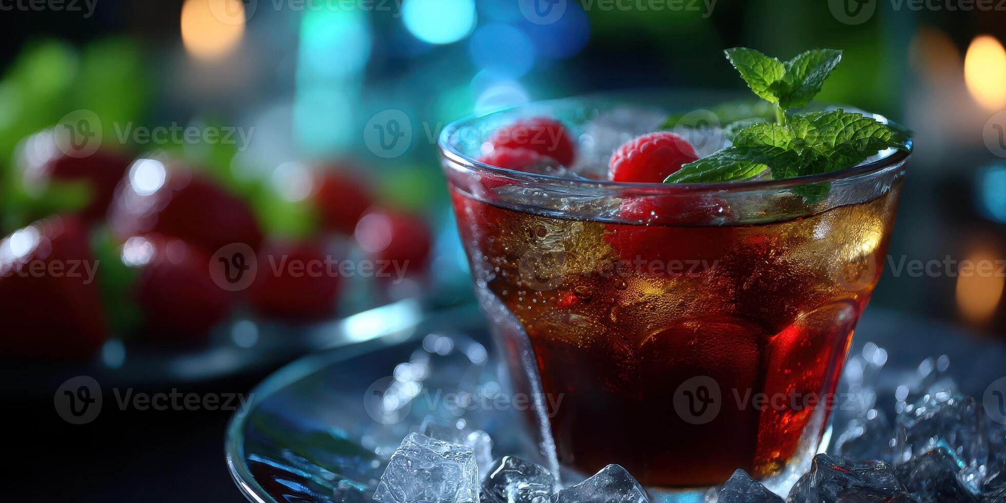 Refreshing cocktail with raspberries served on ice in a vibrant bar setting at night photo