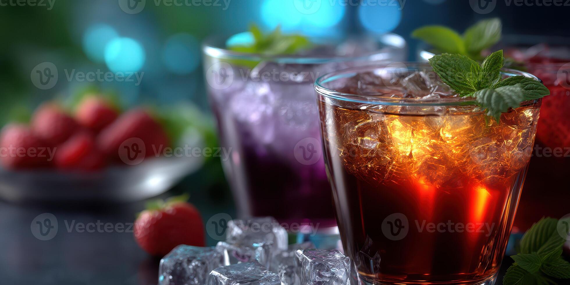 Refreshing berry drinks with ice and mint leaves on a vibrant blue background during a summer gathering photo