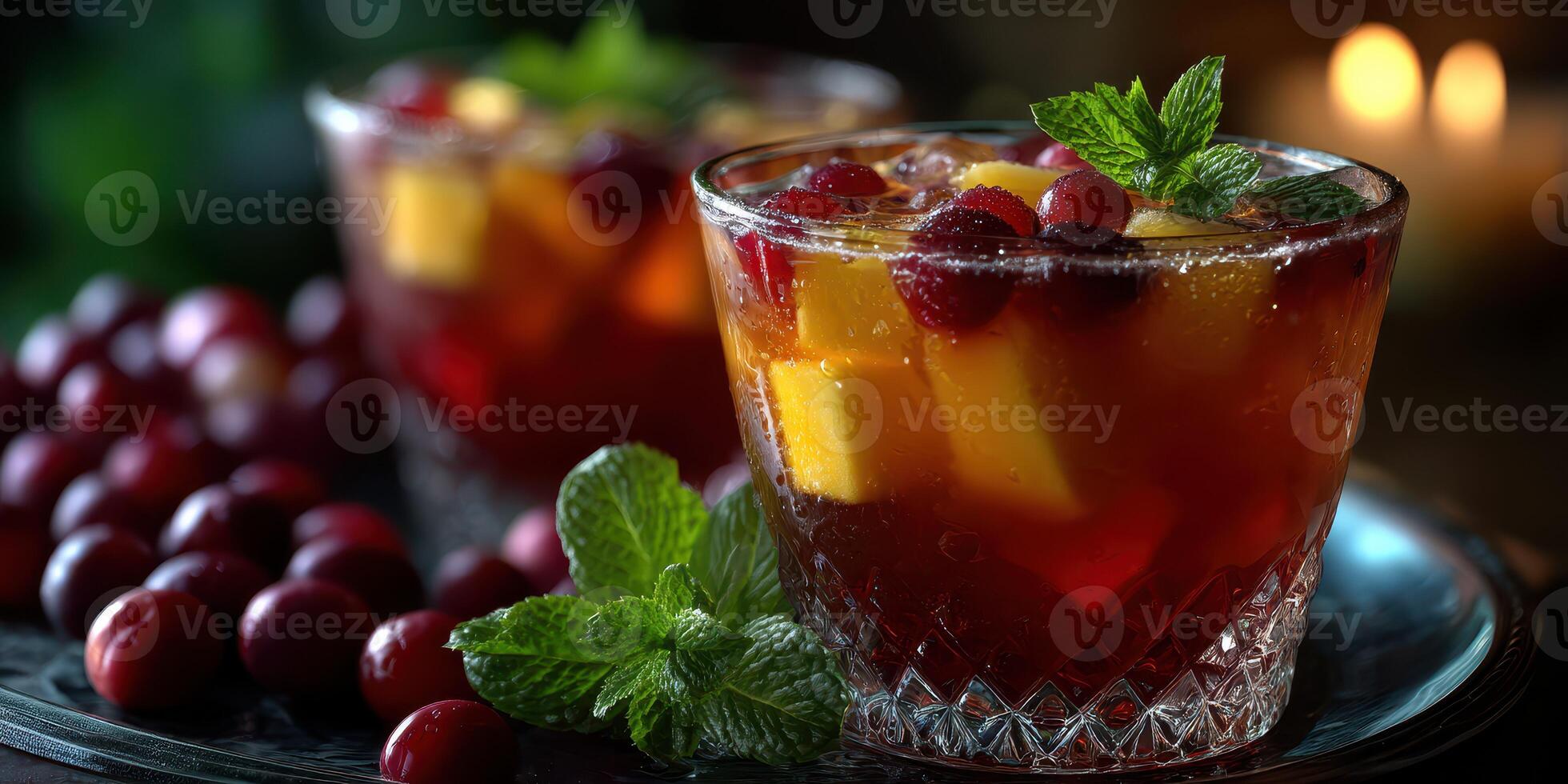 Refreshing fruit cocktail with mint and berries served in elegant glasses on a silver tray photo