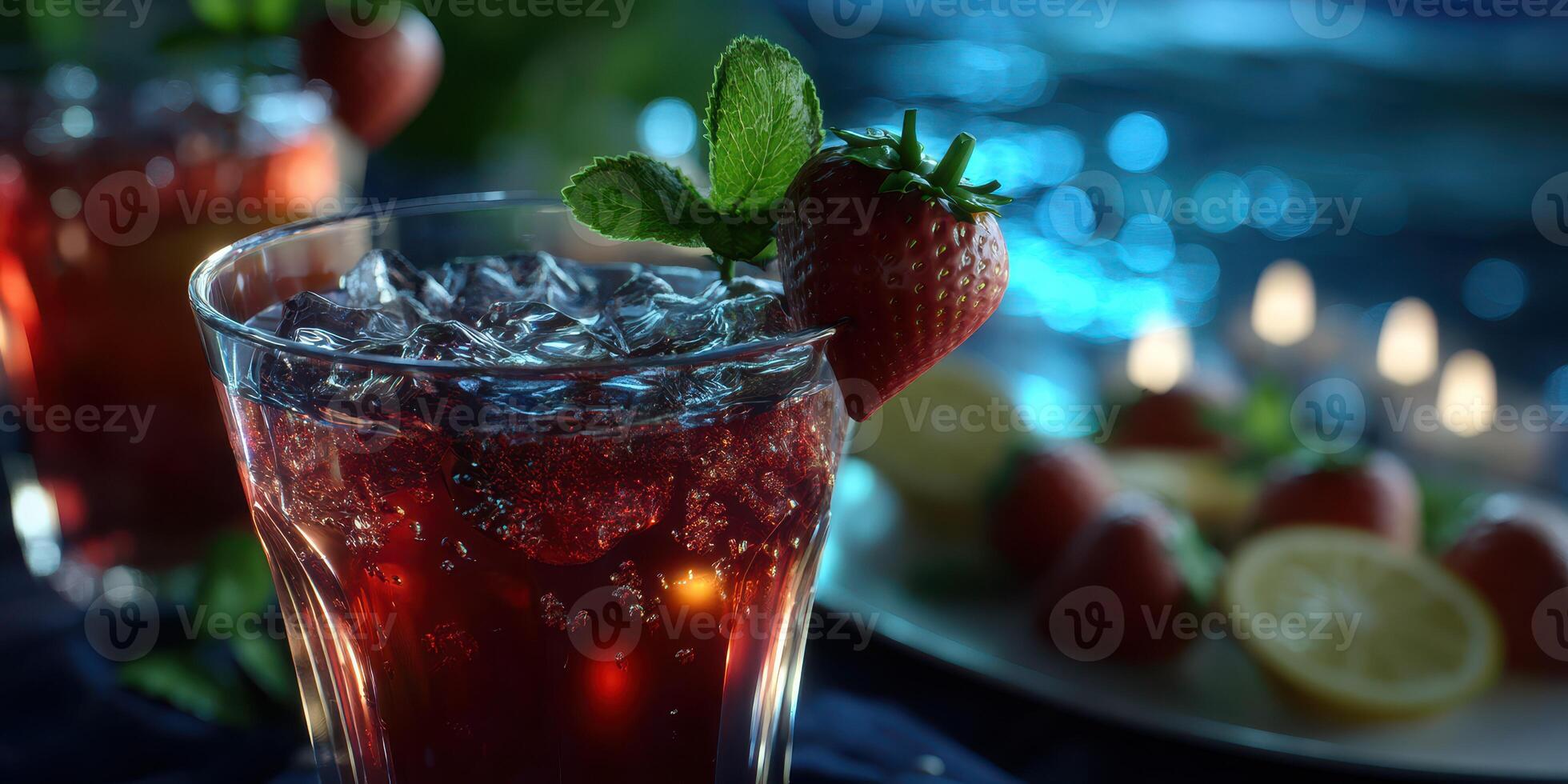 Refreshing summer beverages with strawberries and mint near water at night photo