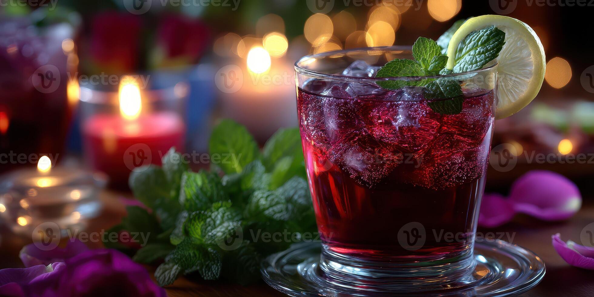 Refreshing drink with mint and lemon served at an evening gathering with soft candlelight ambiance photo
