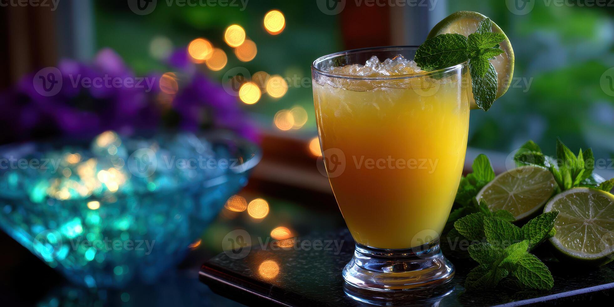 Refreshing citrus beverage with mint and lime served on a dark countertop in an inviting setting photo