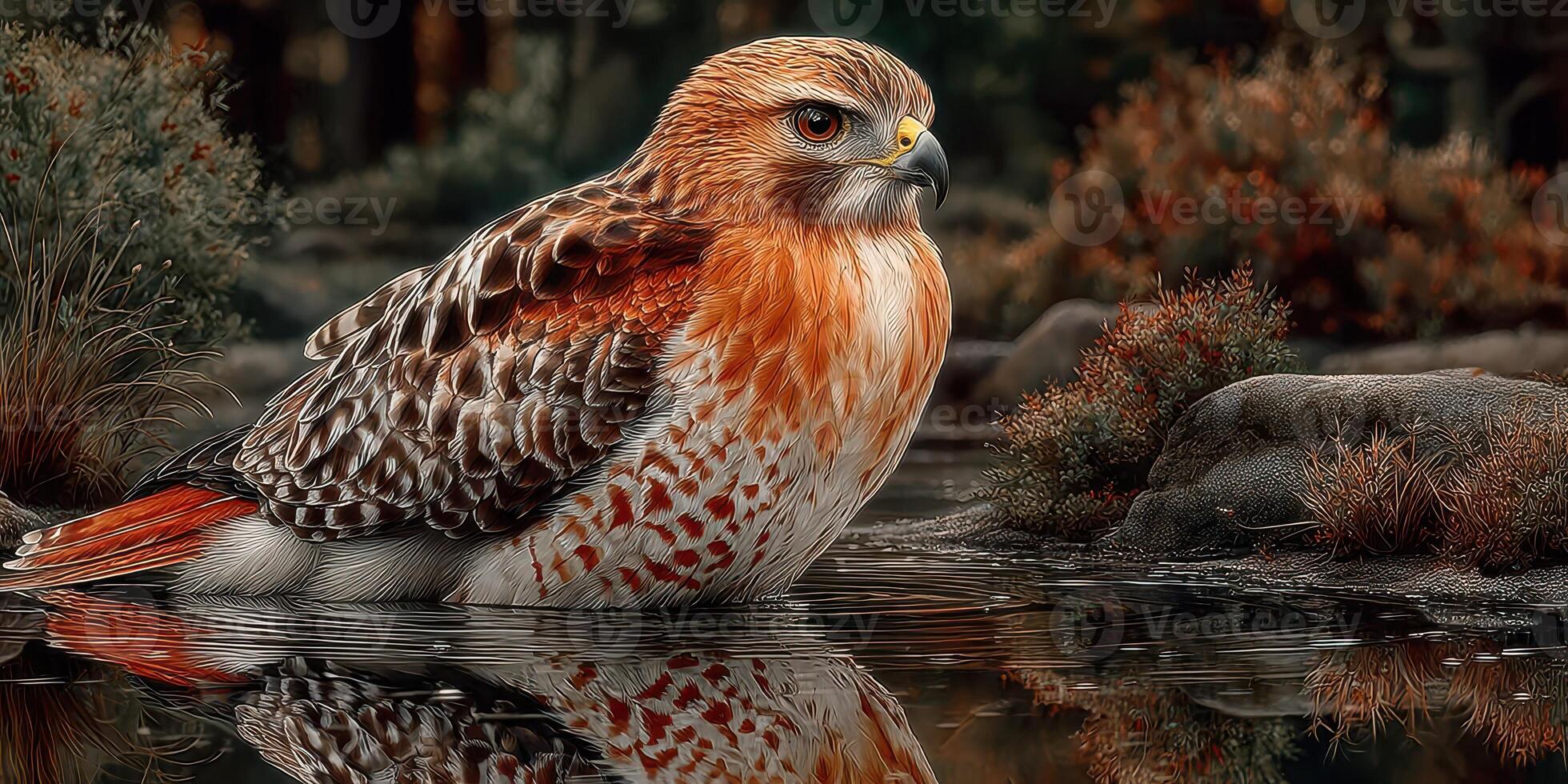 Majestic hawk perched near still water in a serene forest setting at dusk showcasing vibrant plumage photo
