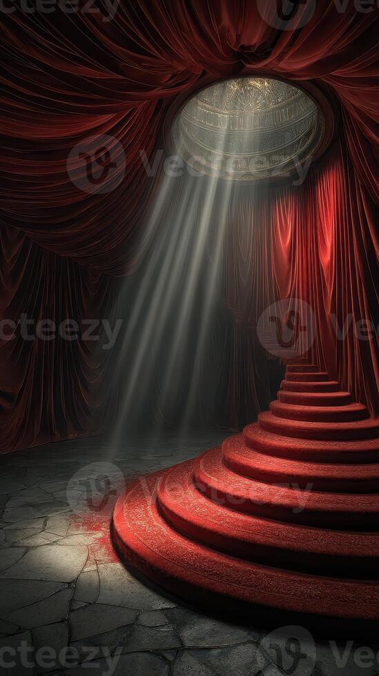 Staircase adorned with red fabric leading to illuminated circular opening in a dark space photo